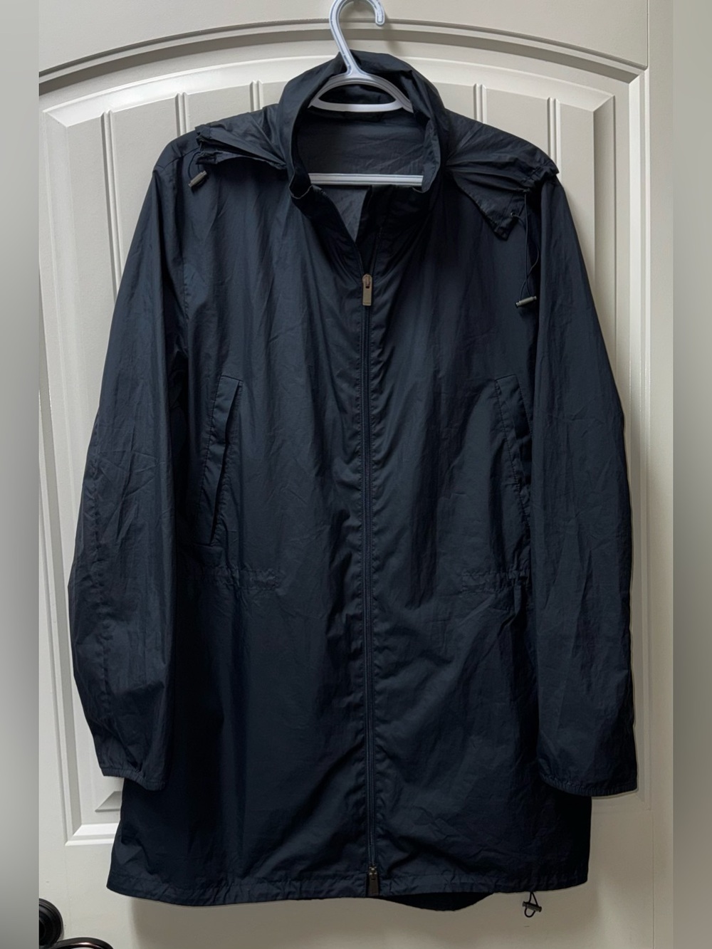 EUC WOMENS Sz 48 JIL SANDER NAVY BLUE HOODED RAINCOAT JACKET